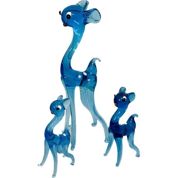 Vintage Murano Hand Blown Art Glass Miniature Light Blue Deer Figures Family Set - Picture 1 of 7